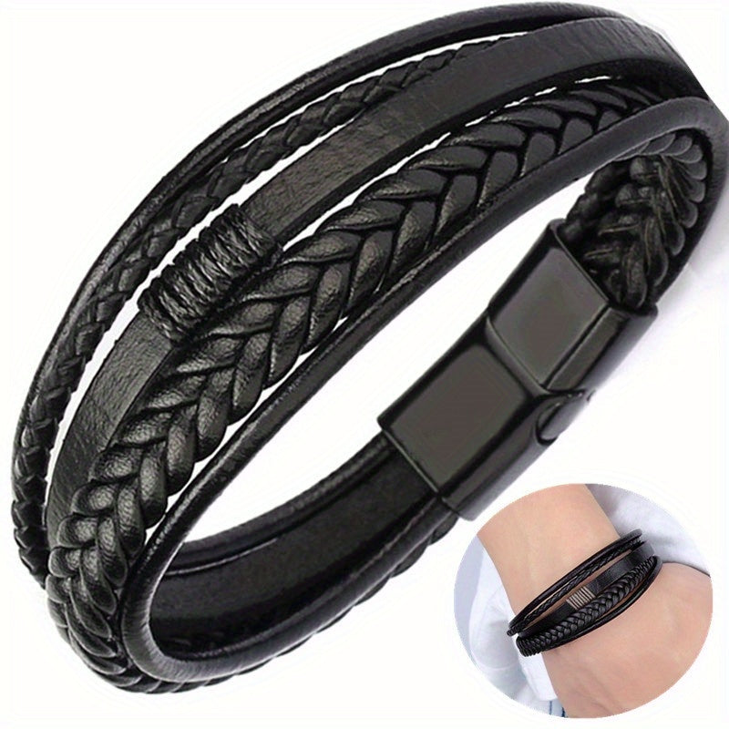 [Stylish Leather Bracelet] Stylish Durable 1pc Men's Hand-Woven Multi-Layer Leather Bracelet | with Buckle Closure, Versatile Accessory for Casual or Formal Wear