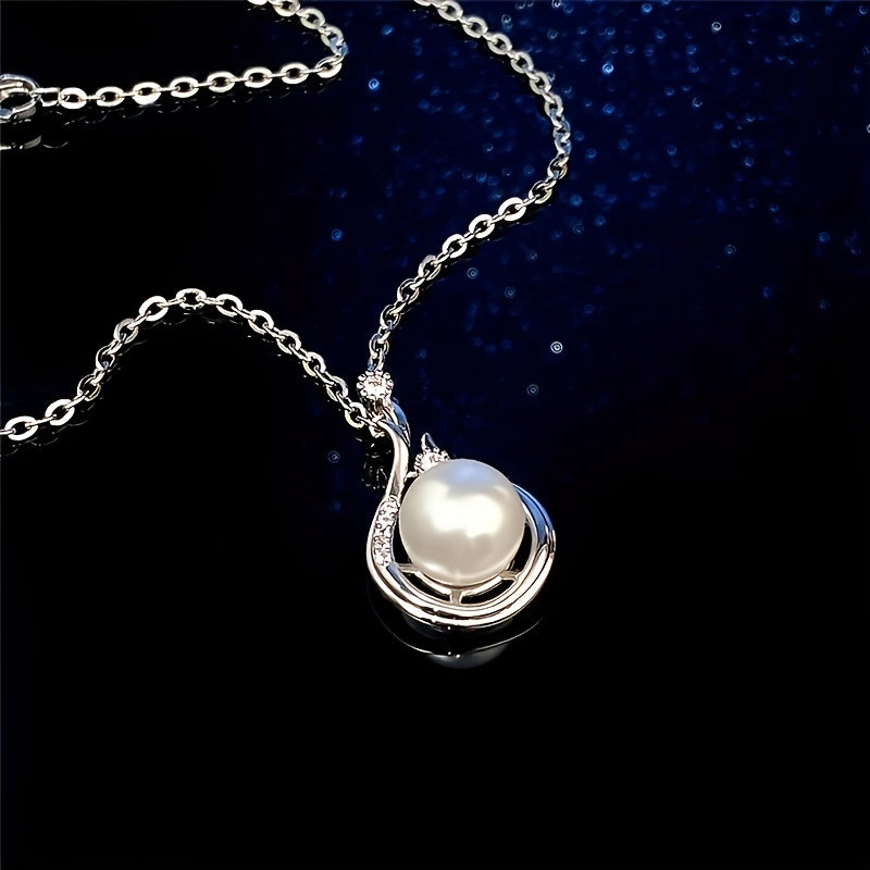 Luxurious Faux Pearl Pendant Necklace - Copper Silver Plated Pendant Necklaces with Delicate Clavicle Chain and Romantic Valentine's Day Gift Idea