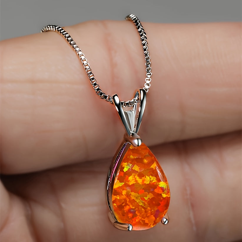Mystic Blue Green Purple Fire Opal Necklace Water Drop Stone Pendant Clavicle Necklaces For Women Silvery Wedding Banquet Party Light Luxury Elegant Women's Jewelry