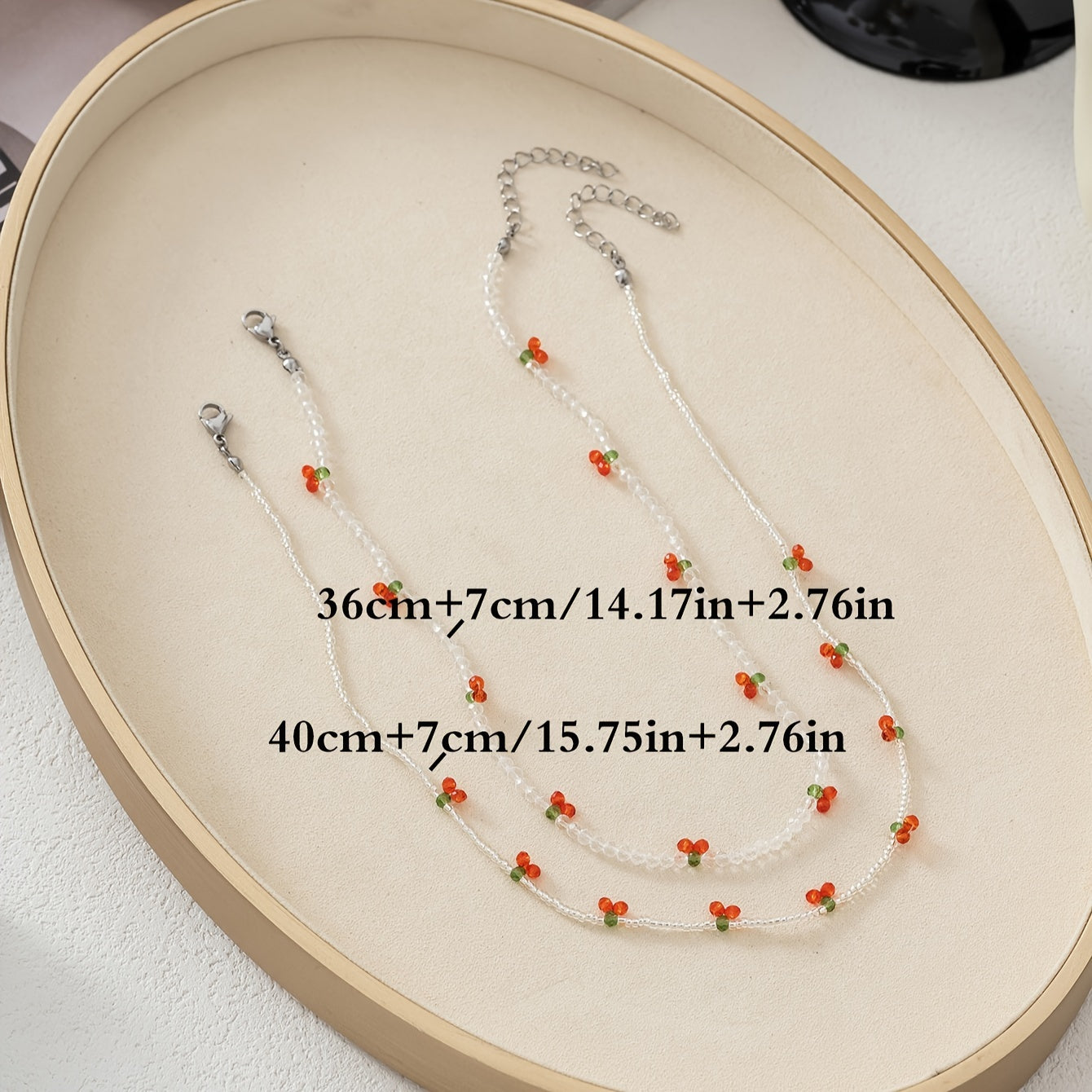 2pcs/set Handmade Rice Bead Beaded Necklaces With Crystal Cherry Decor, Sweet Ladies Holiday Party Jewelry