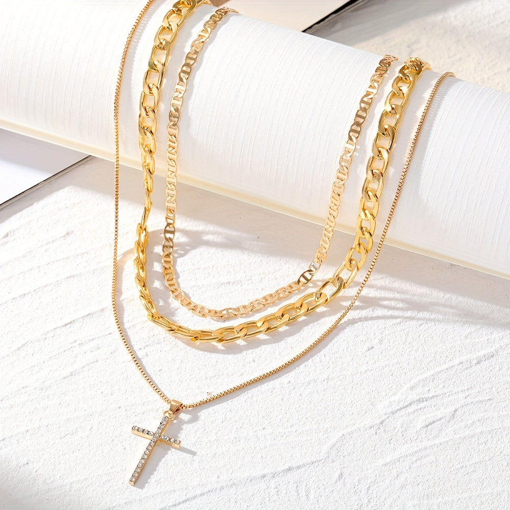 3-Piece Set of Women's Retro Luxury Artificial Crystal Cross Necklaces - Stackable, Trendy, and Elegant Accessories for Any Occasion - Perfect Gift Idea