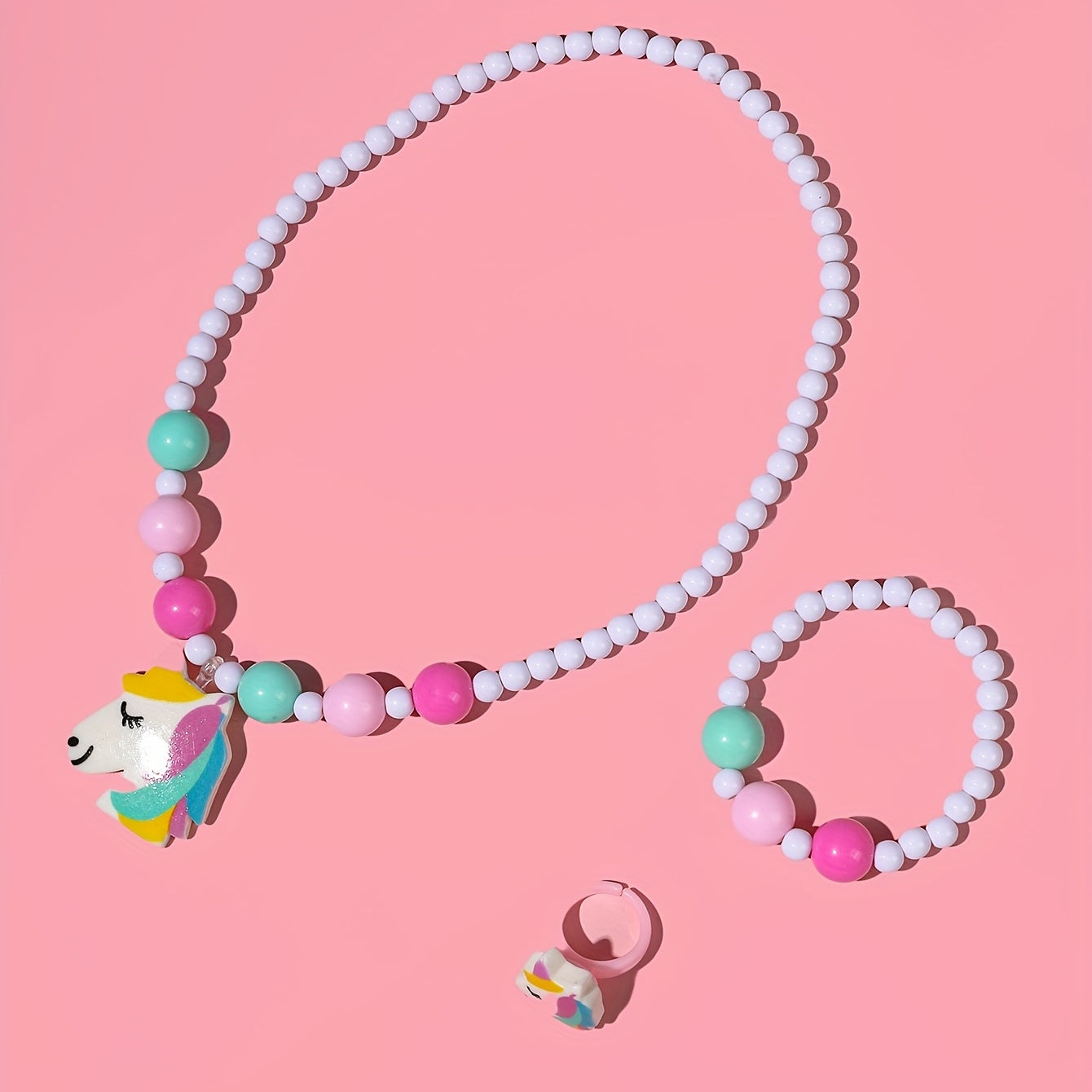 3pcs Whimsical Unicorn Pendant Charm Beaded Necklace and Bracelet Set - Colorful Cartoon Jewelry for Girls - Random Color Selection