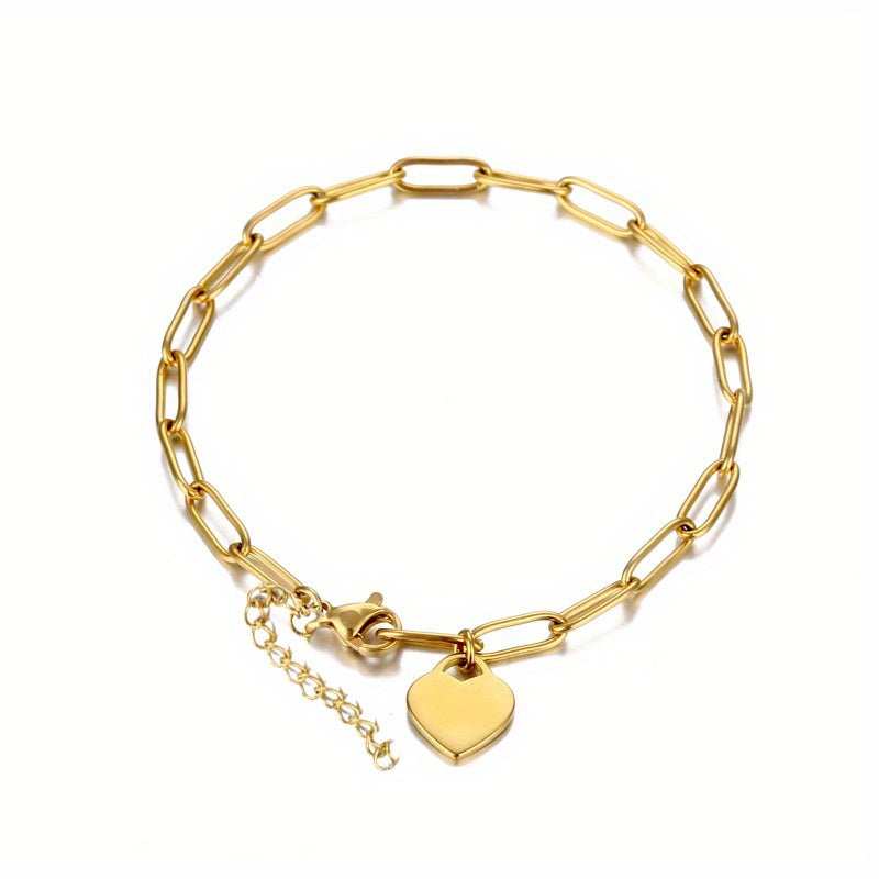 Customized Stainless Steel Square Chain Bracelet With Personalized Name Engraving, Featuring 1-5 Names And A Heart-shaped Golden Pendant, A Stylish Gift For Women's Jewelry.