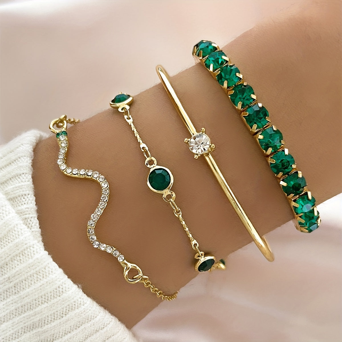 4pcs/set Elegant Green Rhinestone Snake Bracelet - Elastic Claw Chain Cuff Bangle