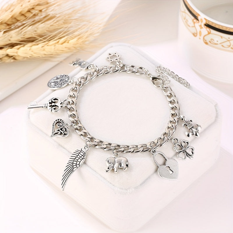 Retro Antique Silver Color Medicine Key Heart Wing Lock Buckle Bracelet Female Silver Plated Hand Accessories