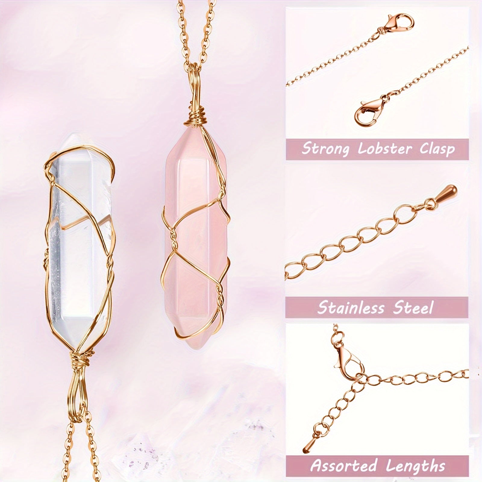 5-Piece Set of Crystal Necklaces - Hexagonal Pendant with Wire Wrapped, Featuring Rose Quartz, Amethyst, Clear Crystal, Green Aventurine, and Yellow Tiger Eye Stones - Unique Handcrafted Jewelry for Women